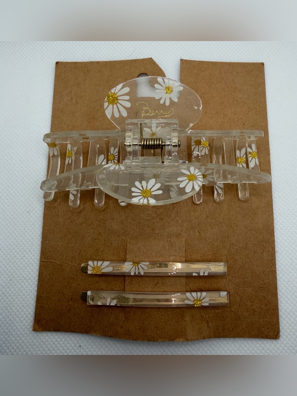 Clear Daisy Hair Claw and Pin Set - White & Gold Floral